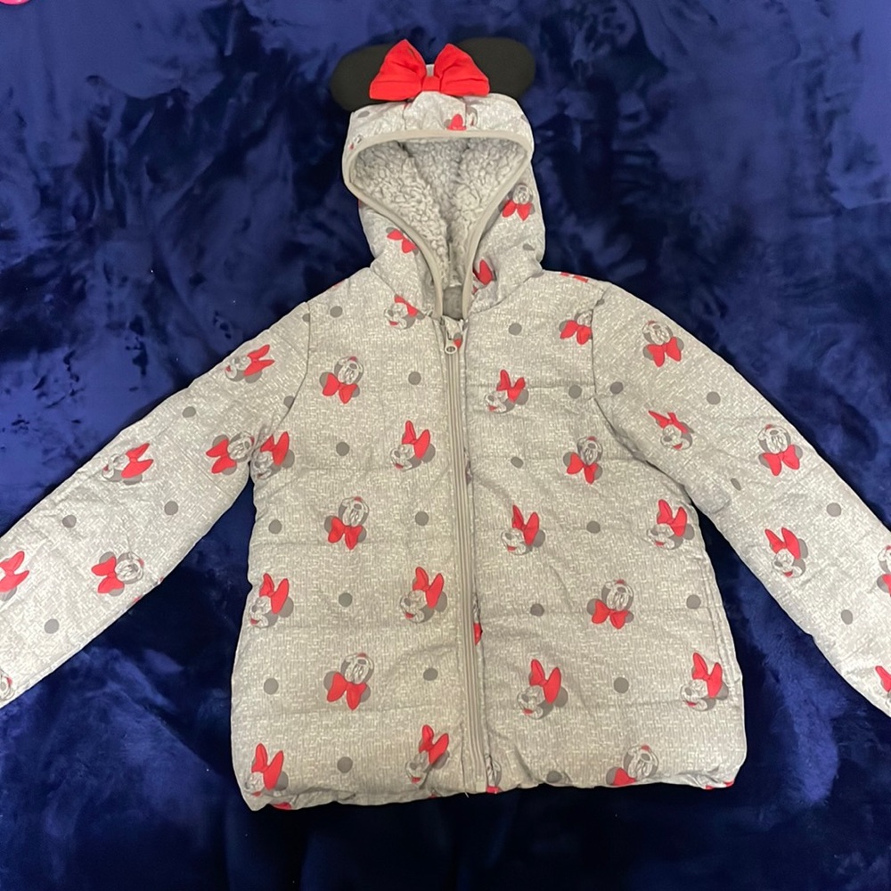 Girls Minnie Mouse Gray Puffer Jacket Size 6X